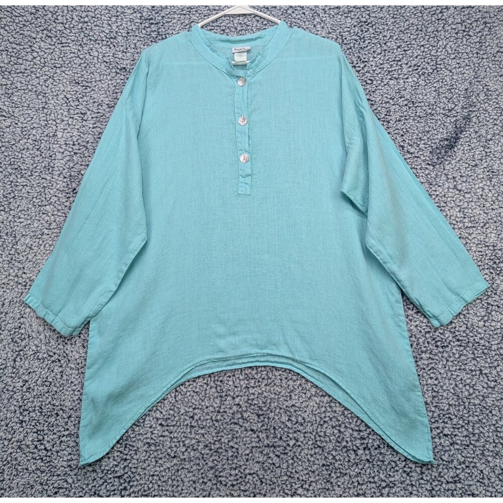 Match Point 100% Linen Tunic Top Size M Cottagecore Lagenlook Peasant Boho Blue